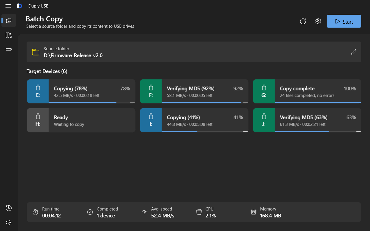 Duply USB batch copy screen: several USB drives with individual progress, speed and time remaining